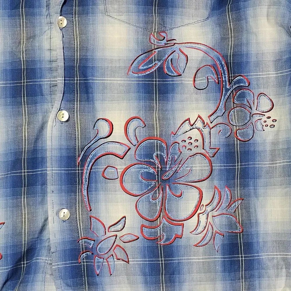 VTG Bugle Boy Hawaiian Shirt L Blue Floral Short Sleeve Y2K 1990s Shell Button - Picture 10 of 13